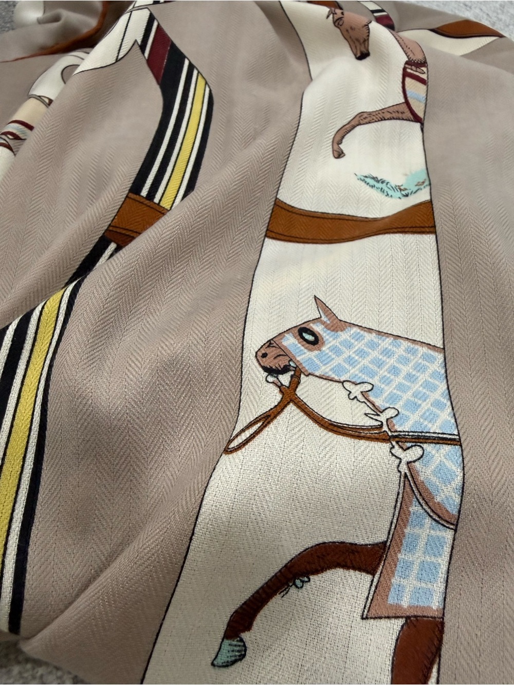Neutral Beige Printed Silk & Cashmere Scarf with Equestrian Motif - Picture 13 of 14
